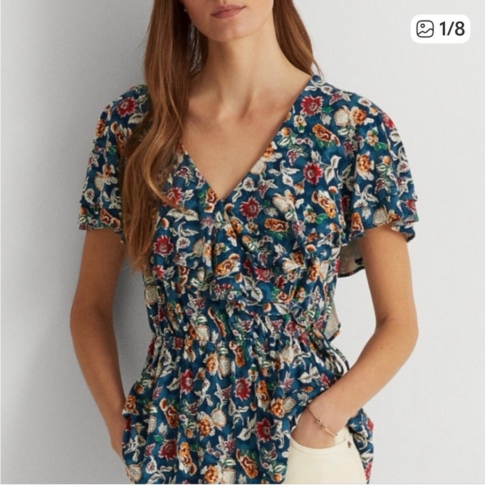 Ralph Lauren Floral V-Neck Ruffle Sleeve Tie Blouse / Top sz Large New no tags